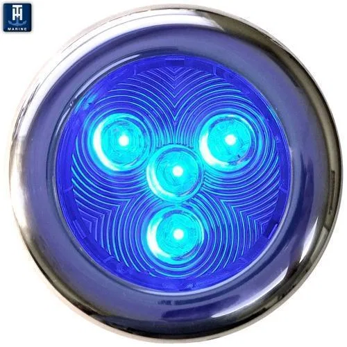 LED-51828-DP – T-H MARINE Boat Deck Light, Surface Mount Blue 4-LED Bulb 3 Inch Diameter Round Clear Polycarbonate Le...